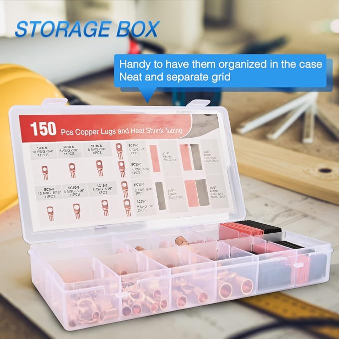 150PCS Copper Wire Lugs and Heat Shrink Tubing 2 4 6 8 10 AWG Heavy Duty Battery Terminal Crimp Connectors 70 PCS 80 3:1 Heatshrink Assortment Kit