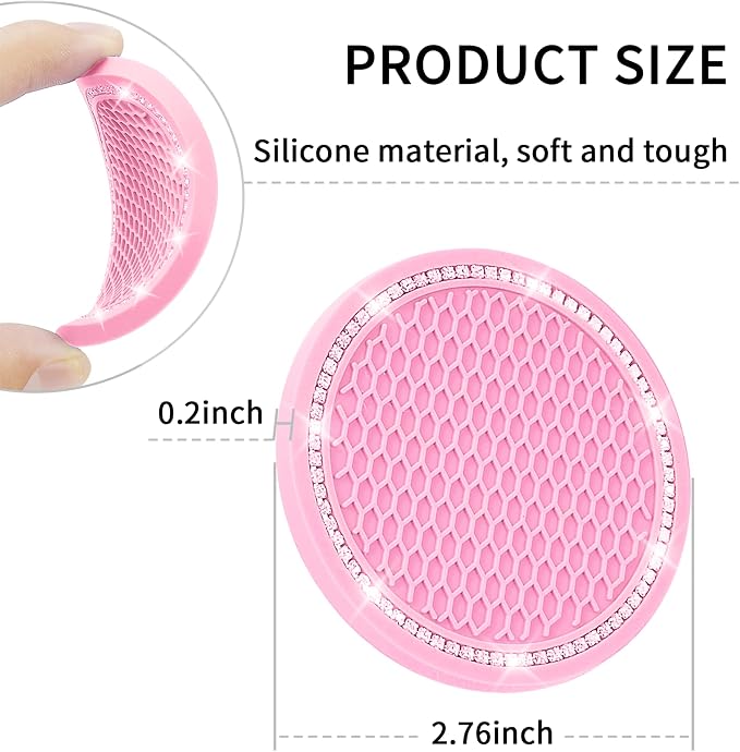 Car Coasters, 4 Pack Universal Vehicle Bling Car Coaster, Rhinestone Coaster for Cup Holders, Car Interior Accessories 2.75'' Silicone Car Coasters for Women(Pink, Pink Crystal Circle)