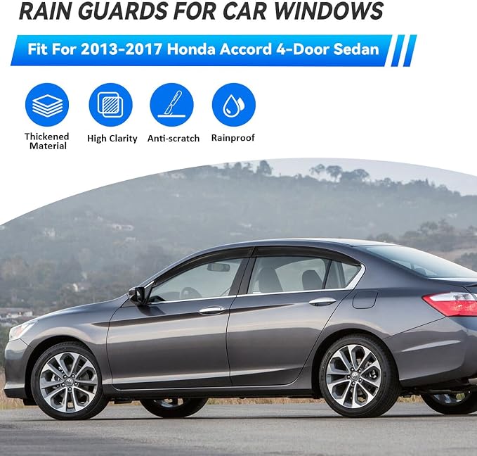 4pcs Front+Rear Smoke Tint Sun/Rain Guard Compatible with 2013-2017 Honda Accord 4-Door Sedan Outside Mount Tape-On Vent Window Visors