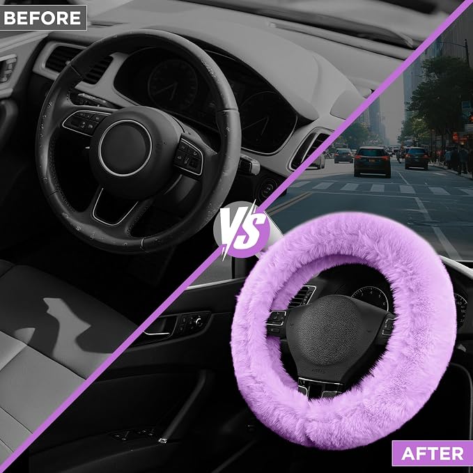 Steering Wheel Cover, Fluffy Car Wheel Covers for Women/Girls/Ladies，Soft Wool Fur Steering Wheel Protector, Universal 14 1/2 inches to 15 inches - Purple