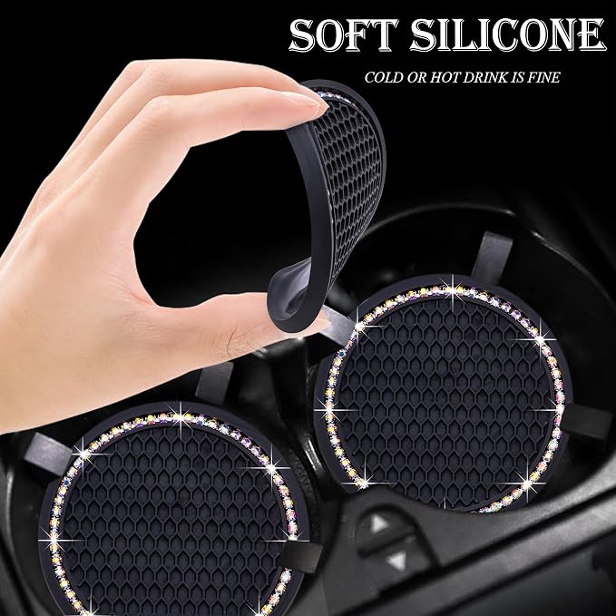 4PCS Bling Cup Holder Coaster, 2.75 Inch Auto Car Cup Holder Insert Coasters, Soft Silicone Anti-Slip Shockproof, Universal Vehicle Interior Accessories for Women Girls (Black & Colorful)