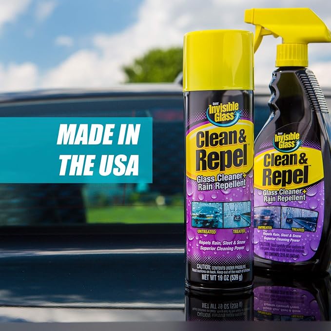 91184 Clean & Repel – Aerosol Glass Cleaner and Rain Repellent, Cleans Exterior Windshields, Repels Rain, Sleet, Snow, Improves Wet Weather Driving Visibility – 19 oz