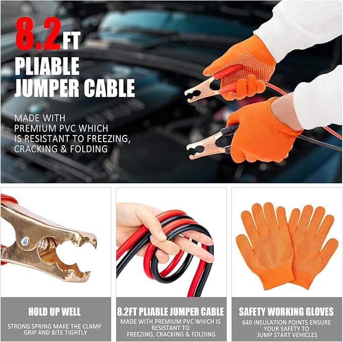 Car Emergency Roadside Assistance Kit with Jumper Cables Tire Inflator Automotive Kit for Car Vehicle（Orange）