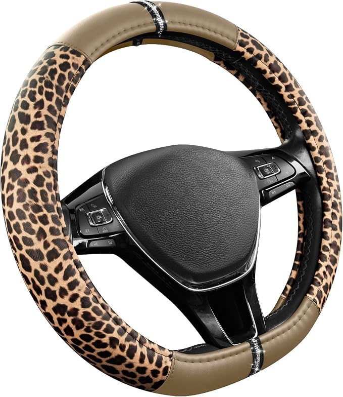 Leopard Steering Wheel Cover for Women, Cute Anti-Slip Microfiber Leather, Fits D Shape Flat Bottom Steering Wheel 14.5-15 Inch - Beige