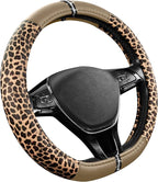 Leopard Steering Wheel Cover for Women, Cute Anti-Slip Microfiber Leather, Fits D Shape Flat Bottom Steering Wheel 14.5-15 Inch - Beige