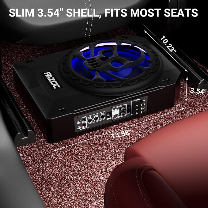 Car Underseat Subwoofer Amp – 10" 1200W RGB, fits SUV/Truck,Skull | Powered sub and amp package with adjustable gain, bass boost & low pass, plus beat-synced RGB lighting for under-seat install
