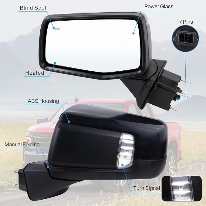 Left Driver Side Mirror Compatible with 2019-2025 chevy Silverado 1500 With Power Glass Manual Folding Turn Signal Heated Blind Spot Black Replace#GM1320680(7Pins)