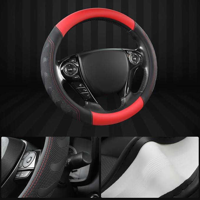 Microfiber Leather Steering Wheel Cover for Honda Accord,Civic,CR-V,HR-V,Pilot(Black+Red-Standard Size)