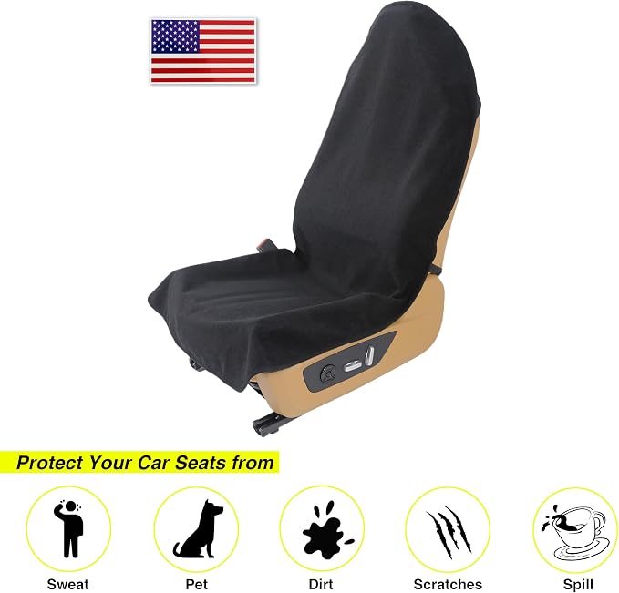 Waterproof Towel Car Seat Cover, Sweatproof Non-Slip Seat Protector, Universal Fit for Front Bucket or Rear Bench Seat of Cars, SUVs, Vans, Trucks, Compatible with Airbags and Armrests (Black, 2 Pack)