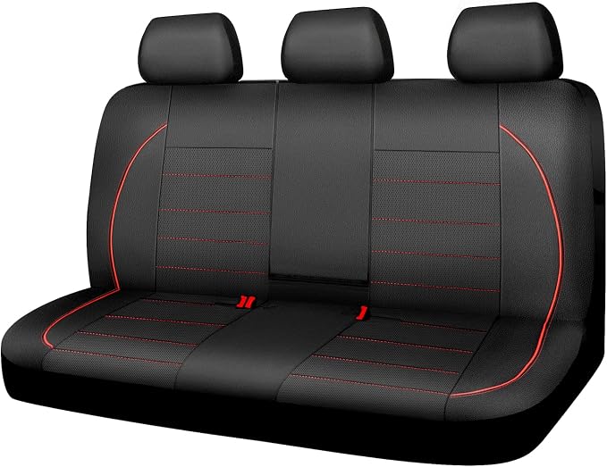 Leather Back Seat Cover,Piping Waterproof Bench Seat Cover, Rear Seat Cover Universal Fit for Cars Sedans SUVs Truck 95% Automotive Interior Backseat Car Covers (Rear,Black and Red)