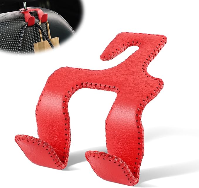 Upgraded Superior Leather Car Seat Back Headrest Hook, 2 in 1 Auto Seat Hook Hangers Holder Organization Interior Accessories for Purses Coats Umbrellas Grocery Bags Handbag (Red)