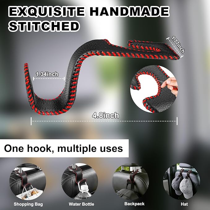 Car Seat Hooks for Purses and Bags, 4 Pack Car Purse Holder for Grocery Bag Handbag Clothes, Metal Headrest Hooks Covered by Leather, Black Red
