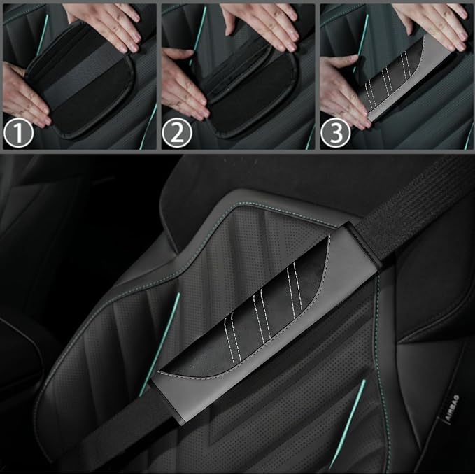 10 Pcs Car Floor Mats Full Set & Sport Leather Steering Wheel Cover 14.5-15 inch, Center Console Cover, Seat Belt Cushion, Cup Holder Coaster, Universal Automobile Interior Sets (Grey)