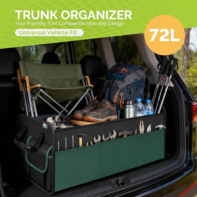 Large Trunk Organizer for SUV with 5 Compartments, Collapsible Car Organizer with Strong Handle and Non-Slip Bottom, Storage Organizer for Sedans, Van, Jeep, Grocery, Black Mixed Green