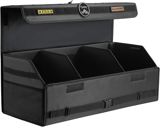Car Trunk Organizer for SUV and Sedan, Tactical‑Black, 29.5 in | Tactical & Aerospace Oxford, Extra‑Large, Hinged Lid, Collapsible & Adjustable, Water‑Resist & Dust‑Proof