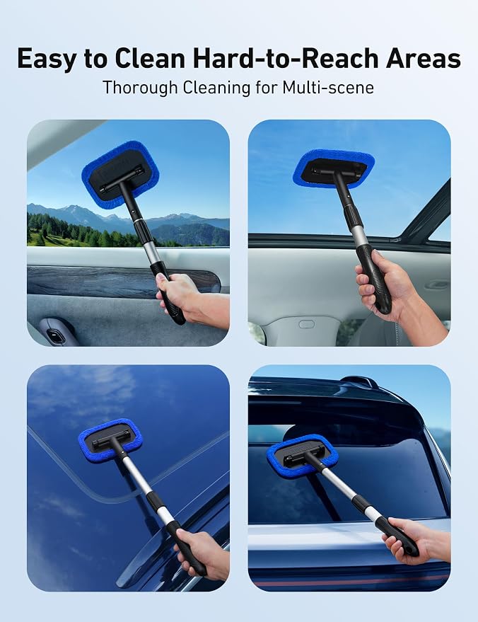 Windshield Cleaner, Microfiber Window Cleaner with 4 Reusable Washable Large Sponge Pads, Extendable 180° Rotating Handle, Fits Cars & SUVs, Includes Spray Bottle, Blue