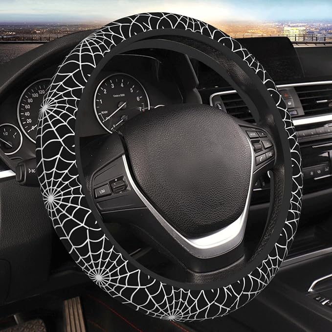 Elastic Spider Web Car Steering Wheel Cover Protector Upgrade Thicken,Halloween Black,Anti Slip Stretchy Soft Car Interior Decor Accessories for Diverse Cars Truck SUV for Men Women Universal 15 Inch