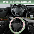 Steering Wheel Cover, Pink Patterned & Green Leather Patchwork Design, Universal Fit 14.5"–15.5", Anti-Slip, Odor-Free, Soft PU Grain Leather, Durable Grip Car Accessory for Girls & Women