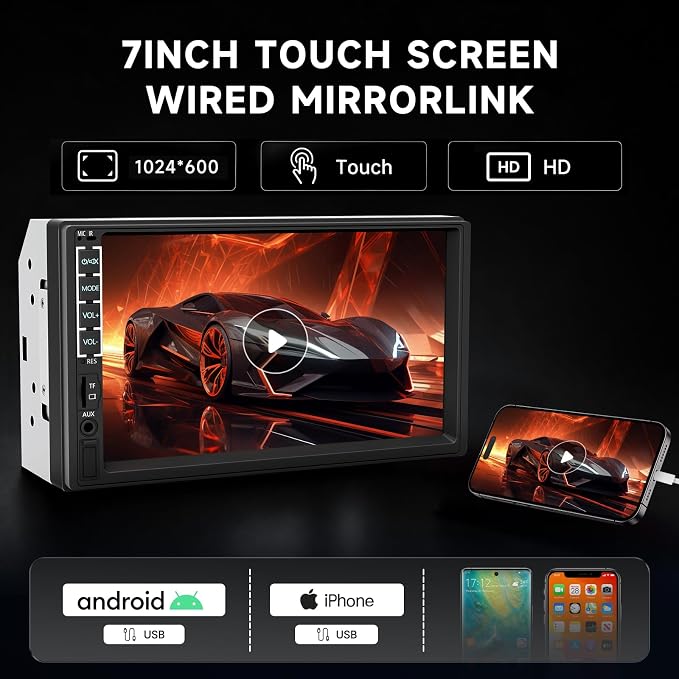 7" Car Stereo Double Din Touch Screen Car Radio Audio Receiver FM Radio Bluetooth Video Remote Control MP5/4/3 Player Android Phone Mirror Link USB/SD/AUX Hands Free Calling with Camera