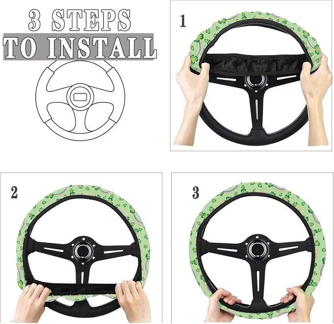 Universal Steering Wheel Cover Sweat Absorption Car Steering Wheel Cover Polyester Cover with Anti-Slip Lining for Van Truck Car SUV, St.Patrick's Day Shamrock Rainbow Pattern