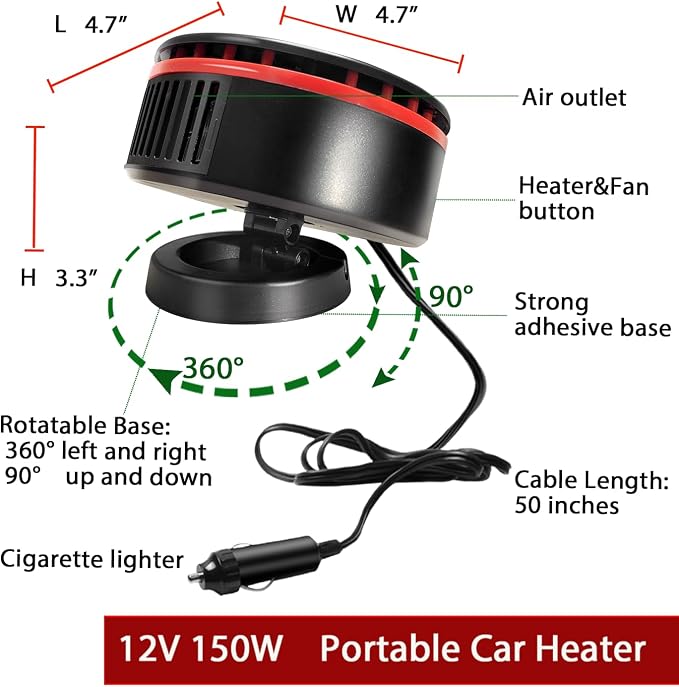 12V Portable Car Heater That Plugs into Cigarette Lighter, 150W Windshield Defogger Defroster, Car Heaters for Vehicle