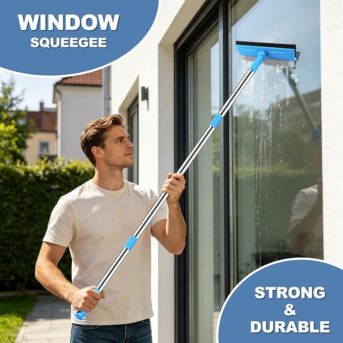 Window Squeegee, 2 in 1 Window Cleaner Tool with 57-in Extension Pole and Sponge Professional Squeegee for Window Cleaning Car Windshield Glass Shower, Blue