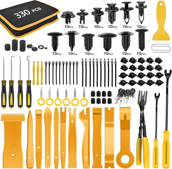 330Pcs Trim Removal Tool, Auto Push Pin Bumper Retainer Clip Set Fastener Terminal Remover Tool Adhesive Cable Clips Kit Car Panel Radio Removal Auto Clip Pliers, Yellow