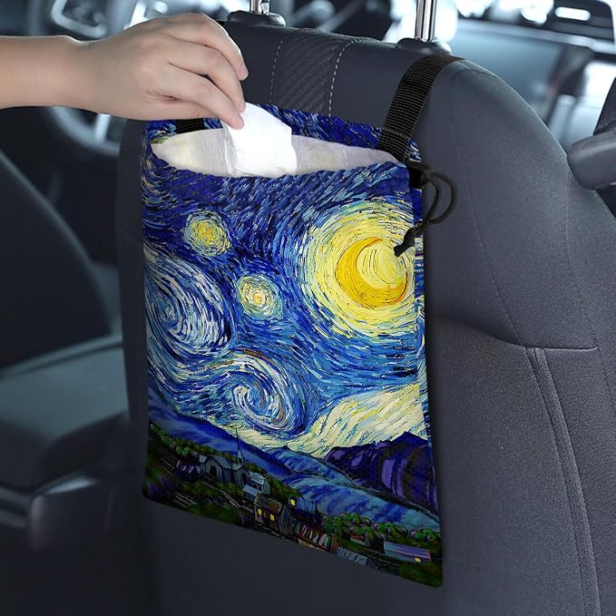 Car Trash Bag Hanging Back of Seat Waterproof Small Cute Printed One-Handed Strap Drawstring Garbage Bags for Car-Starry Night