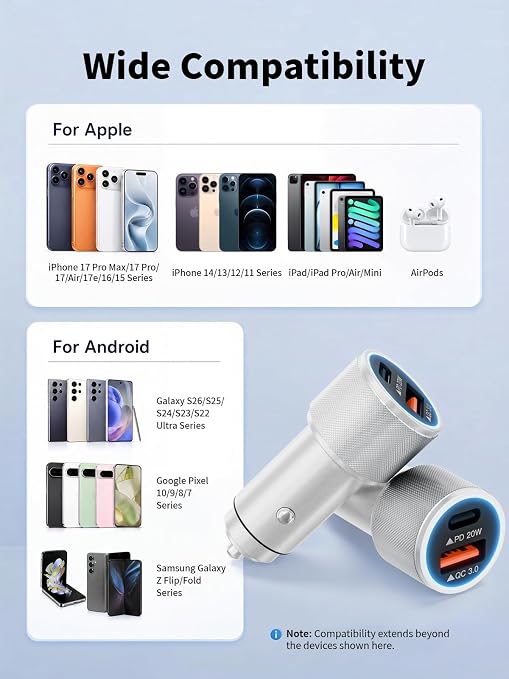 iPhone 17/16/15 Car Charger Fast Charging 2-Port Cigarette Lighter USB Charger,Dual USBA and USB C Car Adapter 2Pack Compatible with iPhone 17e/17 Pro/Air/16e/16 Plus/15 Pro Max,iPad mini/Air,Airpods