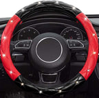 Black Red Steering Wheel Cover, Universal Car Steering Wheel Protector with Crystal Rhinestones Anti-Slip Soft Interior Accessories for Women and Girl Fit 14.5-15 inch