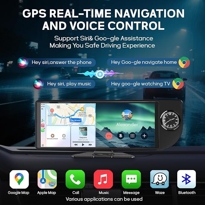 10.26" Wireless CarPlay Screen for Car, Portable Apple Car Play & Android Auto HD Touchscreen with 4K Dash Cam/1080P Backup Camera/GPS Navigation/Mirror Link/FM/Voice Control for All Vehicles