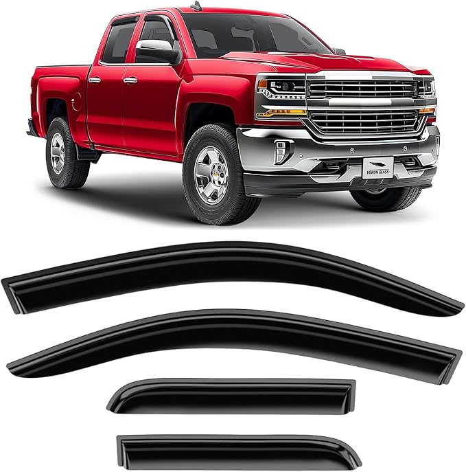 Voron Glass Tape-on Extra Durable Rain Guards for Chevrolet (Chevy) Silverado/GMC Sierra 2014-2018 Double Cab, Window Deflectors, Vent Window Visors, 4 Pieces - 100849