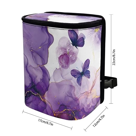 Purple Marble Butterfly Print Car Trash Can with Lid, Leak Proof Auto Trash Bag Hanging Vehicle Garbage Can Multipurpose Storage Container for Back Seat Road Trip