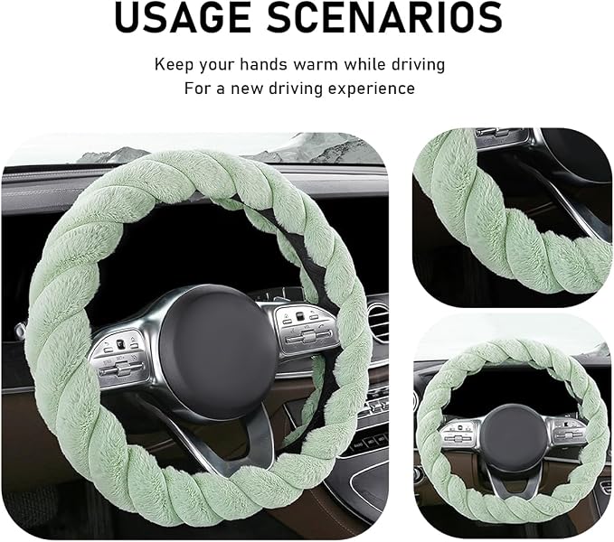 Fluffy Car Steering Wheel Cover, 15 Inches Anti-Slip Round Fuzzy Winter Steering Wheel Protector, Soft Warm Plush Steering Wheel Cover for Women Girls, Car Accessories (Green, D-Shaped)
