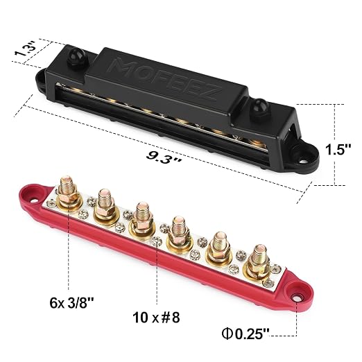 Power Distribution Block Bus Bar, 6 x 3/8" Posts, 10 x #8 Screws Terminals, Max 48V 250A (Pair, Red & Black)