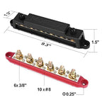 Power Distribution Block Bus Bar, 6 x 3/8" Posts, 10 x #8 Screws Terminals, Max 48V 250A (Pair, Red & Black)