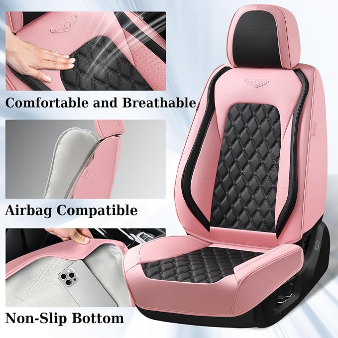 Coverado Car Seat Covers Front Seats, Stylish Waterproof Faux Leather Full Set with Rear Protectors for Sedan SUV Truck, Luxury Fashion Interior – PinkBlack