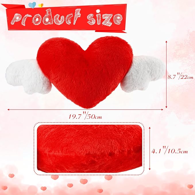 2 Pcs Plush Heart Shaped Pillow with Angel Wings Car Headrest Soft Comfortable Seat Pillow for Driving Travelling Room Office Car Decor, 19.7 x 8.3 Inch(Red)