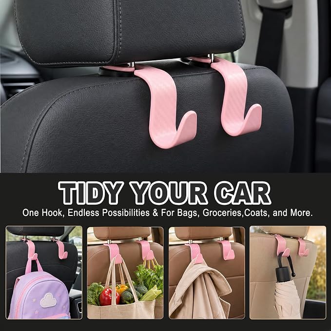 Car Seat Hooks for Headrest 4 Pack, Car Seat Back Storage Hook, Universal Vehicle Headrest Hanger for Purse, Handbag, Coat, Umbrella, Grocery Bags, Practical Interior Accessories