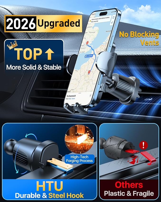 HTU Upgraded Strongest Suction Car Phone Holder Bendable Arm, Never Block View Rotatable Cellphone Mount for Dashboard Windshield Vent, Cradle Stand for iPhone 17 16 15 14 13 12 Pro Max (Red)