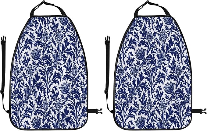 William Morris Thistle Damask, Navy Blue And White Car Seat Back Kick Protectors Kick Mats With Storage Pockets For Vehicles To Protect From Dirt Mud Scratches 2 Pack