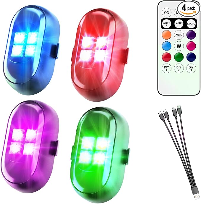 Wireless LED Lights for Car 4PCS, Interior Car Lights with Remote, USB-C Charging Strobe Lights, 80H Battery 8 RGB Colors IP65 Waterproof Ambient Lighting Car Accessories for Trucks Motorcycles Bike