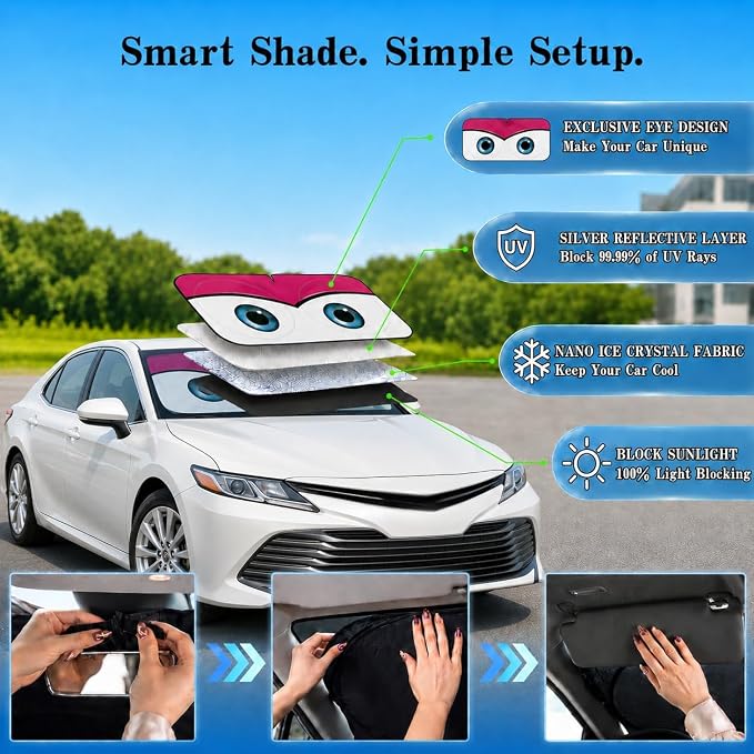 Car Windshield Sun Shade, Universal Fit Midsized Sedan SUV, Cute Pink | 63 x 31.5" Windshield Cover, Foldable Front Window Sunshade, UV Heat Protection, Cute Eyes Series