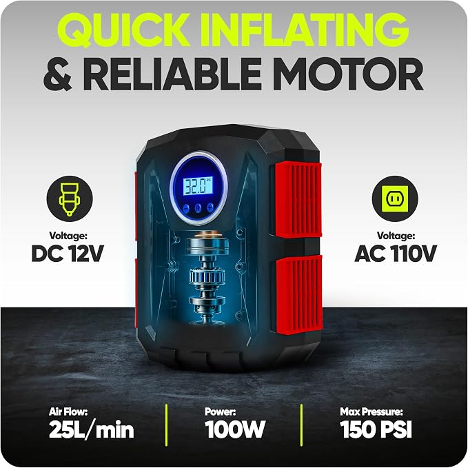 Tire Inflator Portable Air Compressor, Air Pump for Car Tires and Bikes, Car Tire Pump w/Auto Shut Off, 150 PSI, 110V AC 12V DC, LED Light, Carrying Case, Perfect for Men, Women