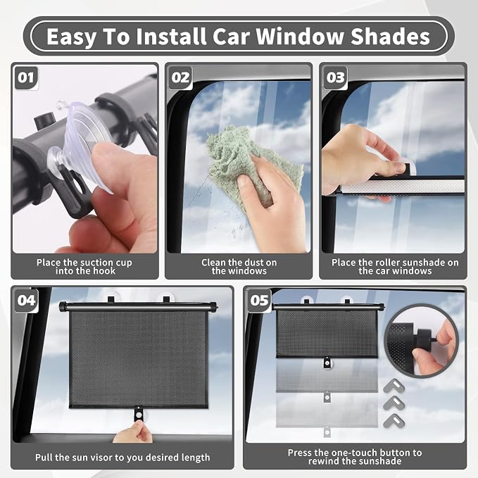 Car Window Shade for Side Windows, 2 Pack Sun Shade Retractable for Car Blocks Heat and UV Rays Glare Protection Roller Sunshade Visor for Baby, Kids, Pets, Passengers