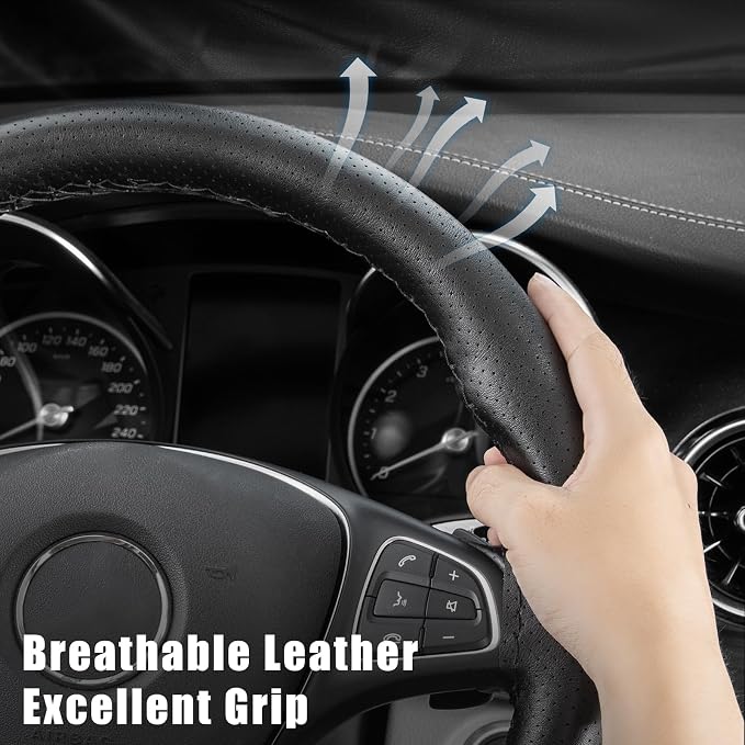 Genuine Leather Steering Wheel Cover, Stitch On Wrap, Breathable Cowhide Steering Wheel Wrap, Standard Size 15 Inch, for Car Truck SUV Pickup Boat, DIY Sewing with Needle Thread, Black