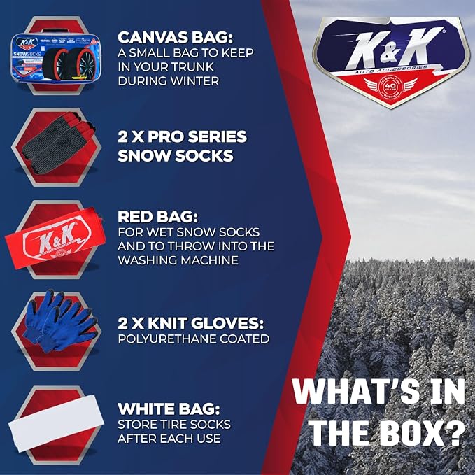 K&K Auto Snow Socks for Tires – Pro Series for Ultimate Grip Approved Snow Chain Alternative Traction Device – Tire Sock for Car Sedan Coupe – Winter Travel Accessory Emergency Kit – Medium (2pcs)