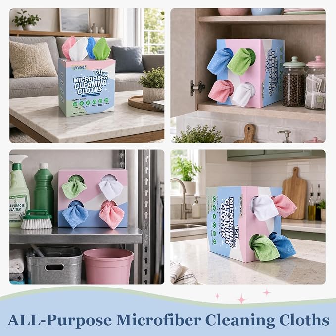Microfiber Cleaning Cloth, 120 Pack Reusable Paper Towels Microfiber Towels for Cars Lint Free Shop Rags with for Home Kitchen Automotive, 11"x 9", White & Green & Blue & Pink