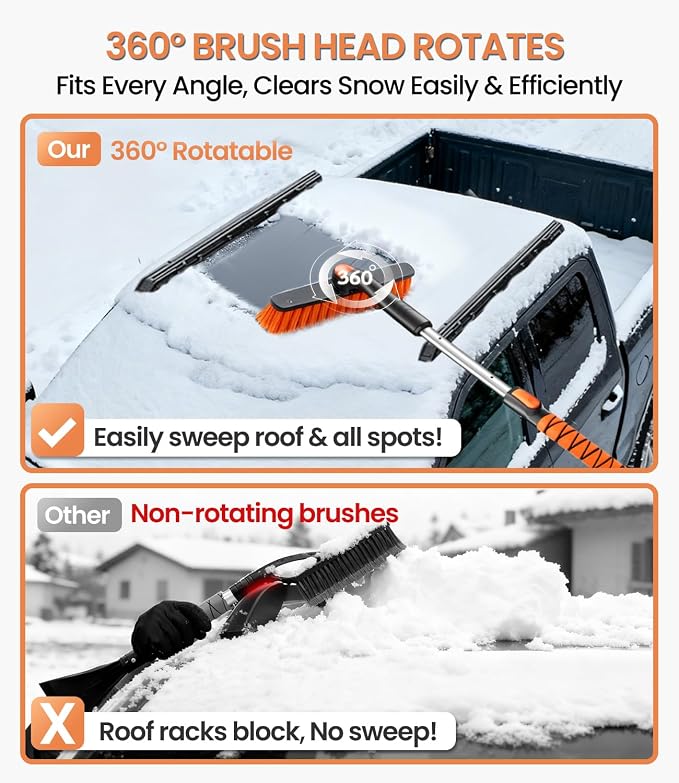 2025 Upgrade Extendable 3-in-1 Car Snow Brush and Ice Scraper [45" Extendable Handle] with 360° Rotating Brush Head for Car Windshield Clear Snow, Ice and Frost, for All Cars/Truck/SUV
