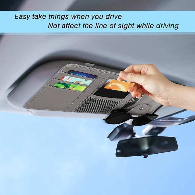 Car Sun Visor Organizer, Leather Pocket Organizer Sunglass Holder for Car Interior Accessories with Multi-Pocket Net Zipper (Gray)